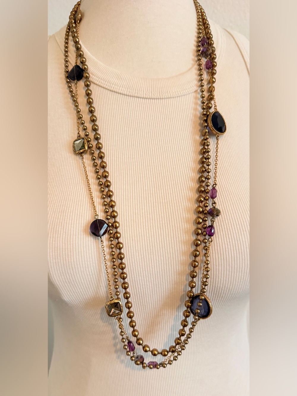 Chico's Long Gold Multi-Strand Necklace with Purple Accents
